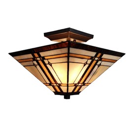 Amora Lighting Tiffany Style Ceiling Fixture Lamp Mission 14" Semi Flush Mount Wide Stained Glass Tan Brown Antique Vintage Light Decor Living Room Bedroom Kitchen Hallway Gift AM085CL14B, Multicolor