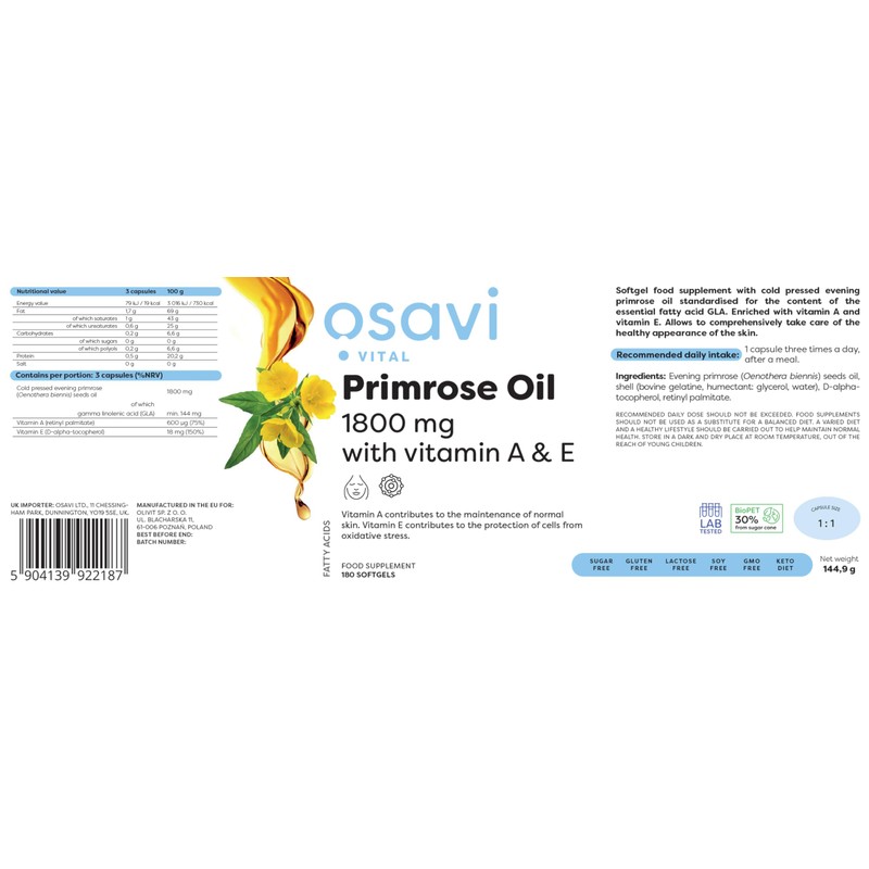 Osavi Primrose Oil with Vitamin A & E, 1800mg -