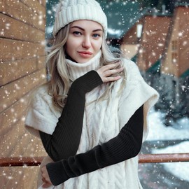 Kinwor Arm Warmers Winter Fashion Black Arm Sleeves y2k Long Fingerless Gloves Cashmere Blended Knit Mitten Arm Gloves Arm Covers Wrist Hand Warmer with Thumb Hole for Women