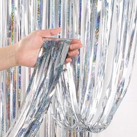 Silver Backdrop Streamers - AILEXI 2 Pack 3.2 ft x 6.56 ft Metallic Tinsel Foil Fringe Curtains for Party Decorations