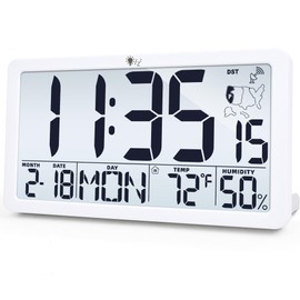 TXL Atomic Wall Clock with Backlight, Battery Operated Digital Wall Clock with Temperature, Humidity and Date, Large Display, Auto DST, 6 Time Zone(White)