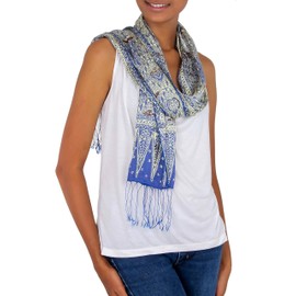 NOVICA Artisan Handmade Silk Batik Scarf from Indonesia Blue Multicolor Accessories Scarves Wrap 'Royal Java Blue'