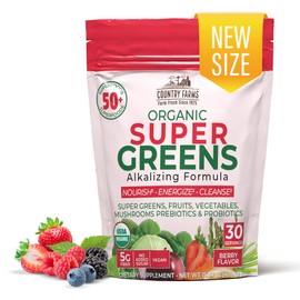 COUNTRY FARMS COUNTRY FARMS Super Greens Berry Flavor, 50 Organic Super Foods, USDA Organic Drink Mix (Wheat Grass, Spirulina, Chlorella) Mushrooms & Probiotics, with Fiber, Gut Health, Natural Energy, 30 Servings