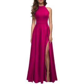 MUSHARE Women's Halter Neck Sexy Split Cocktail Party Maxi Long Formal Dress Magenta
