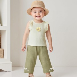 VISGOGO Toddler Girl Summer Outfits Sleeveless Ruffle Tank Tops + Bow Wide Leg Pants Set Flower 2Pcs Baby Girl Clothes (Apricot, 2-3T)