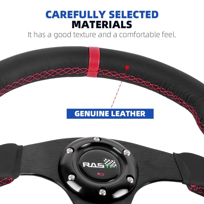 RASTP Racing Steering Wheel,12.6”/320mm Genuine Leather 6 Bolts Steering Wheel