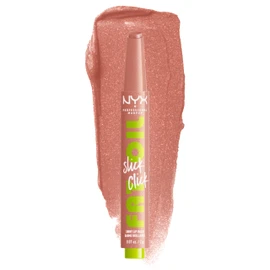 NYX Professional Makeup, Fat Oil Slick Click. Tono: Group Chat (nude claro con brillos). Brillo de labios en barra, hidrata hasta por 12hrs, infusión de aceite de aguacate y frambuesa.