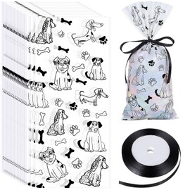 Boao 100 Pcs Dog Paw Bone Print Treat Bags Heat Sealable Dog Cellophane Candy Cookie Goodie Bag with Black Ribbon for Pet Birthday Party Favor Supplies(Puppy Print)