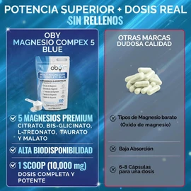 Oby Magnesio Complex 5 tipos: Citrato de Magnesio, Glicinato, Treonato, Taurato, Malato, Vitamina D3 y Espirulina Azul - Alta Pureza, Biodisponibilidad, Absorción. Polvo 600g Sabor Mora Azul, 60 tomas