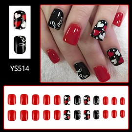 24Pcs Valentine Press on Nails Short Square Red Fake Nails with Heart Designs Cute Love Acrylic False Nails Kit Red Black Glue on Nails Glossy Full Cover Valentines Nail Art Decoration for Women