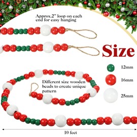 Boao 10 Feet Christmas Wooden Beaded Garland Rustic Farmhouse Bead Wall Hanging Decor Natural Tree Garland Wall Hanging Prayer Beads for Christmas Day (Red,White and Green)