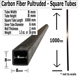(4) KARBXON – PULTRUDED SQUARE CARBON FIBER TUBE - Black - 8mm X 8mm x 1000mm – Hollow Square carbon fiber rods - Pure carbon fibre hollow tubes - Lightweight High Strength Carbon Fiber Shaft