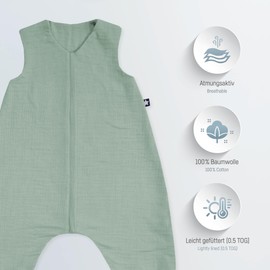 Julius Zöllner Jumper Muslin Sleepsuit, 0.5 Tog, Size 92, 100% Cotton Muslin, Oeko-Tex Standard 100, Green