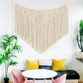 Youngeast Home Decor Leaf Shape Macrame Wall Hanging Woven Tapestry Bedroom Curtain Fringe Garland Banner Living Room Wall Decor Beige 39X31 inches