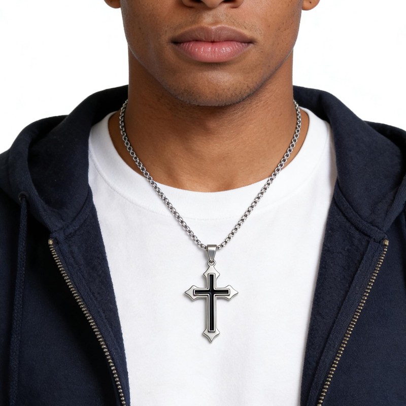 LUSKINNO Traditional Men's Titanium Steel Cross Necklace, Black Bright Cross