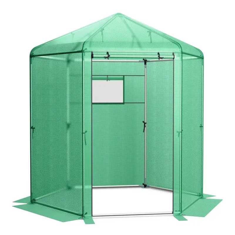 Hexagonal Walk-In Garden Greenhouse with PE Cover and Metal Frame