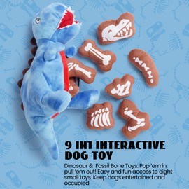 Nocciola Plush Dinosaur Dog Toys: Funny Squeaky Stuffed Dino Chew Toy for Small Medium Breed, Cognitive Enrichment Puzzle Mental Stimulation Training Pet Supplies to Keep Busy, 9 Packs