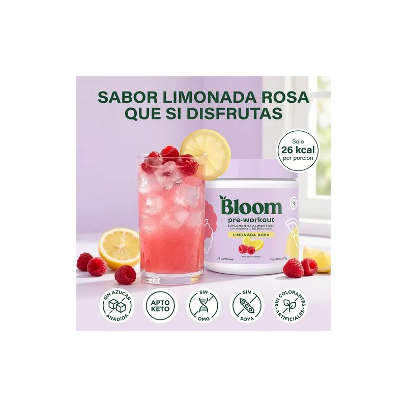 Bloom Pre Workout Alta Energía De Limonada Rosa Tarro 25porc