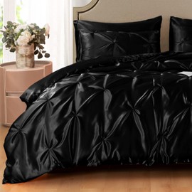 Heywaller 5-Piece Pinch Pleat Duvet Cover Set, Pintuck Duvet Cover Queen Size with Zipper, Black Satin Duvet Cover Shabby Chic Bedding (2 Pillow Shams + 2 Pillowcases), No Comforter