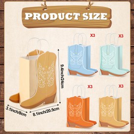 12 Pack Western Theme Party Favor Gift Bags Bulk Cowboy Cowgirl Boots Shaped Paper Bags with Handles 3D West Cowboy Goodie Bags Rodeo Boot Candy Treat Bag for Birthday Bachelorette Last Rodeo Party