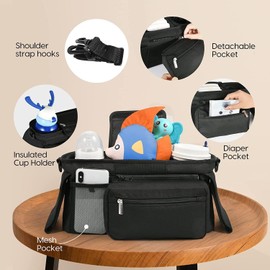 Universal Stroller Organizer with Insulated Cup Holder Detachable Phone Bag & Shoulder Strap, Fits for Stroller Like Uppababy, Baby Jogger, Britax, BOB, Umbrella and Pet Stroller (Black)