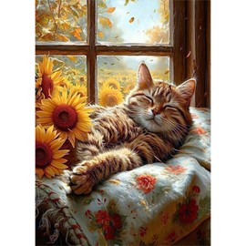 KEYIFA 5D Diamond Painting Accessories, Sun Flower Cat, Crystal Art Photo Craft Set, Diamond Painting Adults, DIY Full Drill Cat Pictures, Diamond Painting Set, Home Wall Decor, 30 x 40 cm