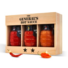 The General’s Hot Sauce Wood Box Hot Sauce Gift Set – Gourmet Variety Pack with Habanero & Cayenne Peppers - All-Natural, Spicy Sauce Collection - American Grown, Veteran-Owned, 3-Pack (6oz Bottles)