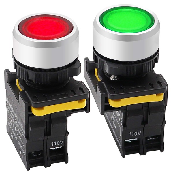 mxuteuk 2Pcs Red Green LED Light Voltage 110V-220V 22mm 1NO 1NC Waterproof IP65 SPST Momentary Push Button Switch 10A 600V LA155-A1-11D-RG
