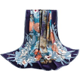 MEISEE 100% Silk Scarf for Women 43”*43” Large Square Lightweight Headscarf Neck Scarf Hair Wraps Shawls with Gift Packed (Fresh dark blue flowers)