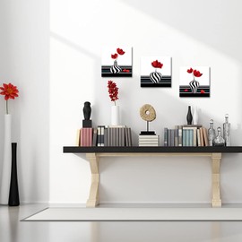 Canvbay 3 Pieces Abstract Red Flower Canvas Wall Art Still Life Canvas Painting Prints Flower on Black and White Vases Picture for Bathroom Hallway Decor Stretched 12x12inchx3pcs