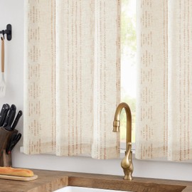 TOPICK Boho Linen Blend Kitchen Curtains 45 Inch Drop Small Cafe Curtains Light Filtering Tier Curtain for Bathroom RV Bedroom Baset Sink Cupboard Rod Pocket Taupe on Beige 2 Panels