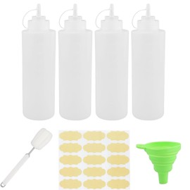JRSHIRLEYLTD 4 Piece Squeeze Bottle, Plastic Squeeze Bottle with Caps, Reusable Spice Bottles Set with 1 Cup Brush, 1 Funnel and 1 Kraft Paper Sticker, for Painting, Baking