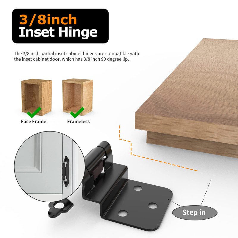 Chibery 10 Pack 3/8 inch Inset Matte Black Cabinet Hinges,