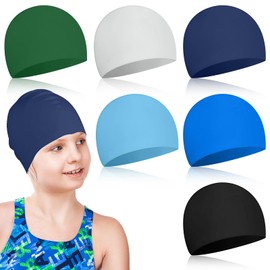 Velmitten 6 Pcs Unisex Adult Kid Silicone Swim Cap Waterproof Swimming Caps for Women and Men Comfortable Non Slip Swim Hat, Comfortable Fit for Long and Short Hair for Ages 8+(Dark Color)