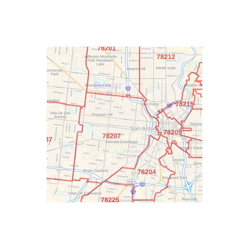 San Antonio, Texas Zip Codes - 36" x 48" Laminated