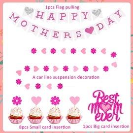 11 Pieces Happy Mother's Day Decoration,Triangle Flags Garland for Mother's Day Hanging Decorations,Best Mom,Flowers and Hearts Cupcake Toppers,for Mothers Day Party Decoration Supplies (A)