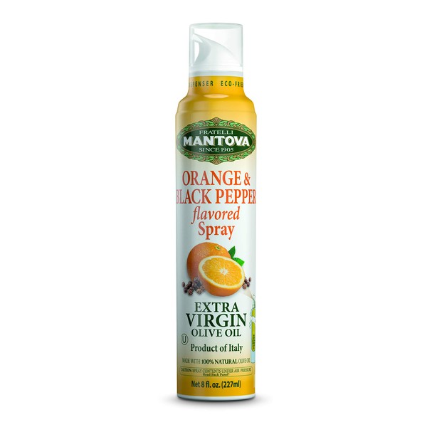 Mantova Orange & Black Pepper Extra Virgin Olive Oil Spray, heart-healthy cooking spray perfect for salads and pasta, 100% natural cooking oil made in Italy, olive oil dispenser bottle sprays, drips, or streams with no waste, 8 oz