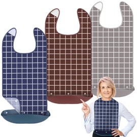 Vicloon 3 Pack Adult Bibs, Washable and Reusable Adult Bib for Elderly, Waterproof Dining Bibs with Crumb Catcher for Adults, Elderly and Disabled (Plaid A)