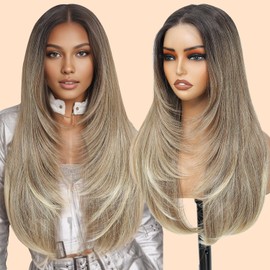 Seykiki Wear and Go Glueless Wig Light Blonde Synthetic Lace Front Wig with Bangs Pre Plucked Pre Cut Layered HD Lace Front Synthetic Wigs for Black Women Ready to Wear Middle Part 26 Inch