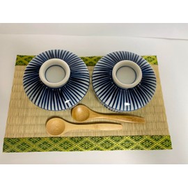Japanese Porcelain Chawan-mushi Cups with Lid and Spoon, 3.2 x H3.8 Inches, 8.1 Fluid Ounces, Tokusa Pattern Mino Ware, Set of 2, from Japan M1975