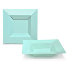 " OCCASIONS " 120 Pieces Plate Pack, Heavyweight Disposable Wedding Party Plastic Square Bowls For Christmas(12oz Soup Bowl, Square in Tiffany Green)