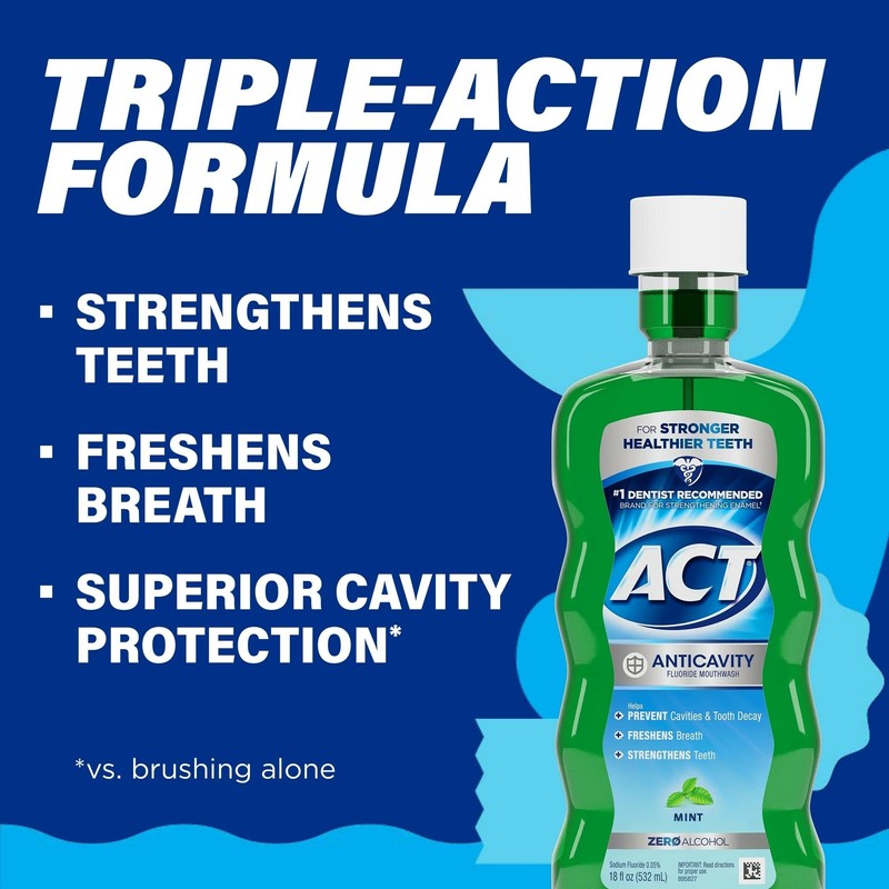 Act Anticavity Fluoride Mouthwash, Mint, Alcohol-Free, 18-Ounce Bottle (Pack of