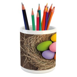 Ambesonne Colorful Pencil Pen Holder, Pattern of a Top View Shot Image of Easter Eggs in a Nest on a Wooden Background, Ceramic Pencil Holder for Desk Office Accessory, 3.6" X 3.2", Multicolor