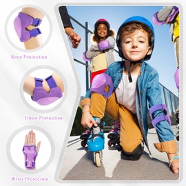 Kids Sports Protective Gear Set,6 PCS Knee Pads Elbow Pads Wrist Guard for 3-8 Yeasr Old Kids Skateboard Inline Roller Skating Biking Riding Scooter (Purple)