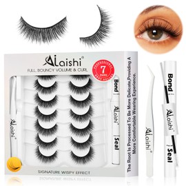 AILAISHI Wispy False Eyelashes Kit With Bond, Seal and Tweezer, 7 Pairs Natural Look Fake Cat Eye Lashes Strips Thin Band Extensions Waterproof Easy Eyelashes for Beginners RQ11