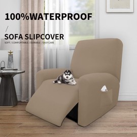 Easy-Going 4 Pieces 100% Dual Waterproof Recliner Cover Stretch Soft Couch Cover for Dogs, Sofa Slipcover for Recliner Couch Leakproof Furniture Protector for Kids, Pets Camel