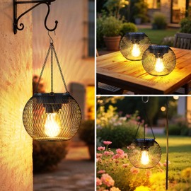 TANCUZO Solar Lanterns Outdoor Waterproof 2 Pack, 13.45" Metal Solar Hanging Lights with Hooks & Auto On/Off, Brighter Warm Outdoor Hanging Lantern Lighting for Porch Garden Yard Pathway Decor