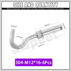 Swpeet 6Pcs M12 Stainless Steel Open Cup Hook Expansion Screws Bolts, Heavy Duty Concrete Wall Hook Anchors, Expansion Hook, Ceiling Hook Bolts, Metal Wall Hangers for Concrete Wall