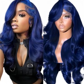 Suresen Dark Blue 13x4 Lace Front Wigs Human Hair Pre Plucked 180% Density 26 Inch Body Wave Hd Lace Front Wig Human Hair Pre Plucked Dark Blue Human Hair Wig with Bleached Knots Natural Hairline