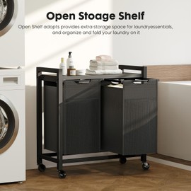 Sweetcrispy Laundry Hamper with 2 Pull-Out Removable Sorter Bags 2 × 11.2 Gal (85L) Capacity, Movable Wheels, Freestanding Clothes Basket Organizer in Bathroom, Rustic Brown and Black